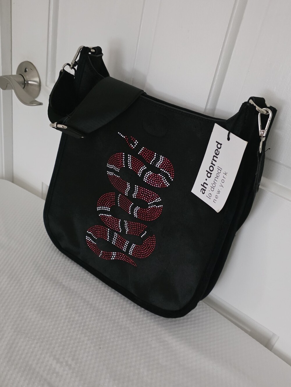 ah•dorned Black Crossbody Bag with Red Snake Crystal Motif, Stylish, Unique, Fun